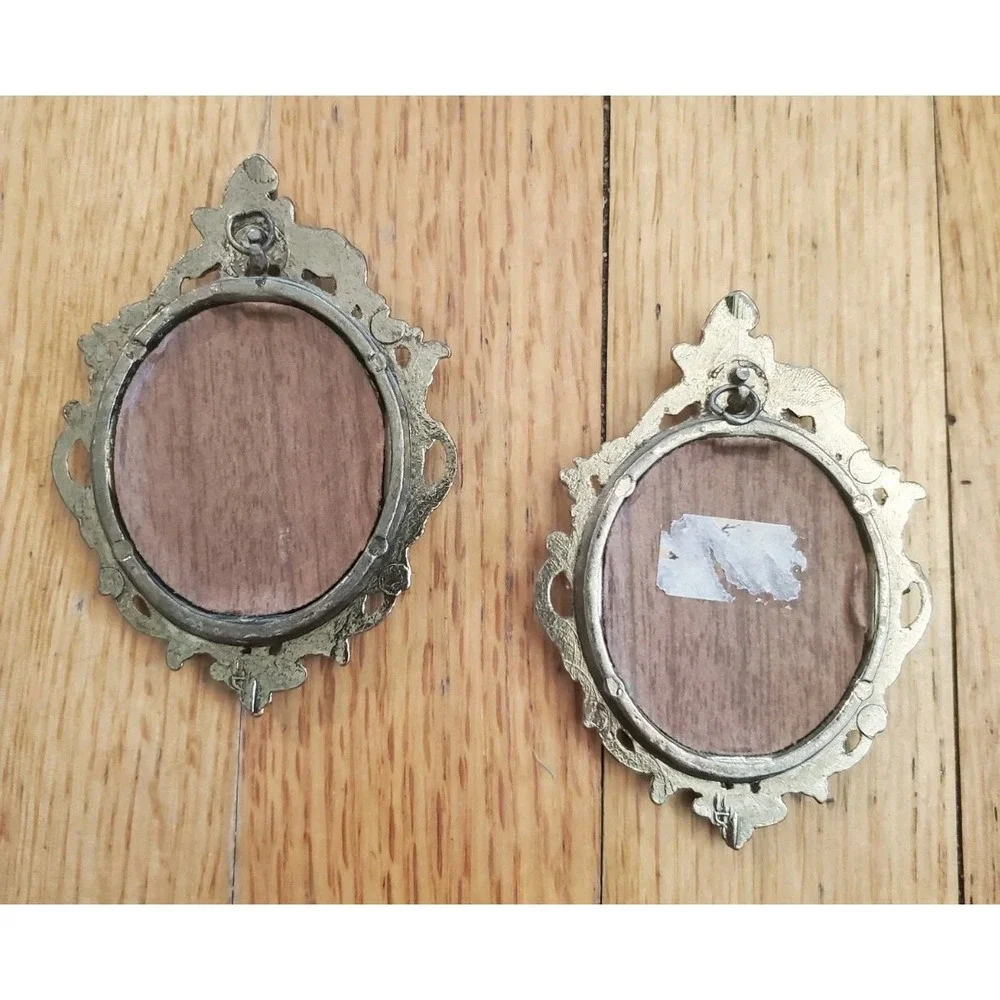 Set of Antique Mini Victorian Ornate Italian Silk Cameo Art Picture Brass Frames